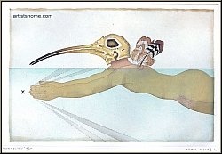 Michel Lablais: Radierung Ibis-Mann ('Homme-ibis') Schwimmer, Vogelmensch, signiert - Werke | Druckgrafik